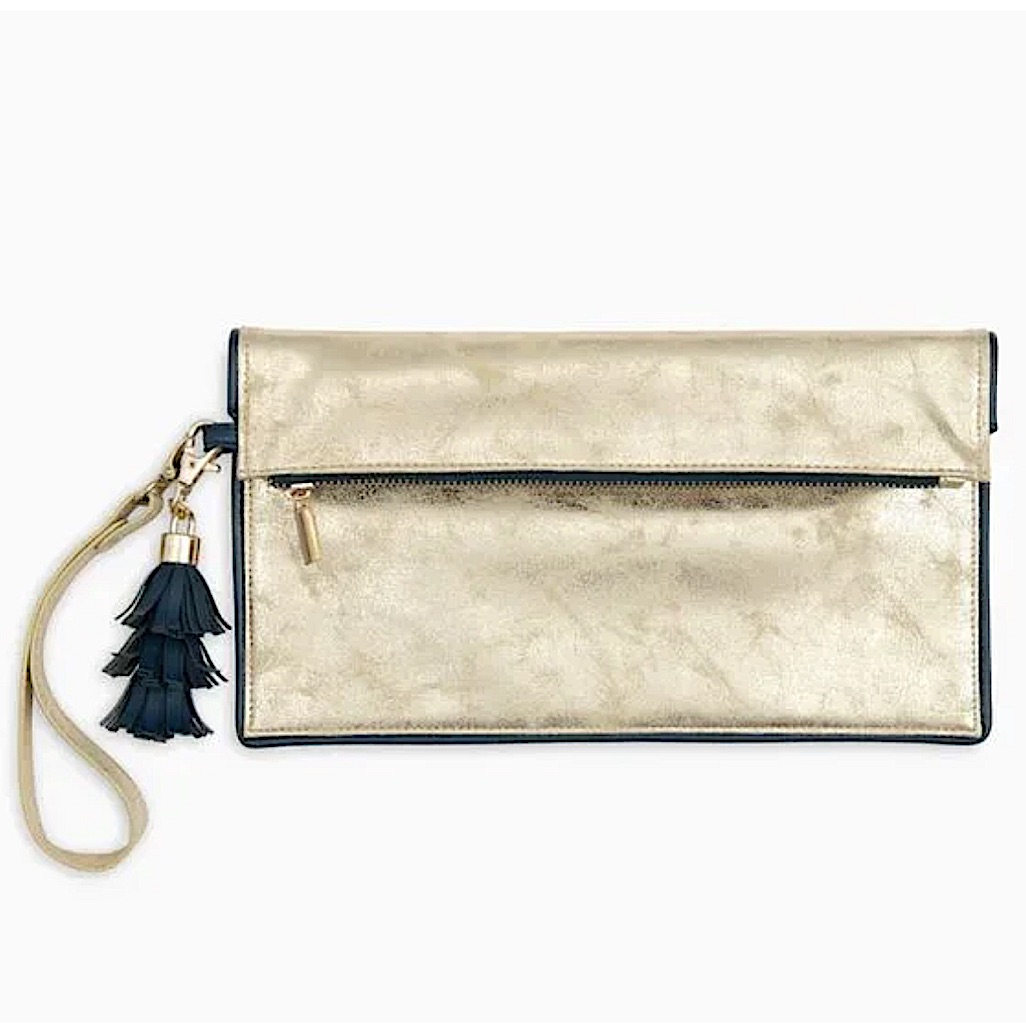 Southern Tide: Nwt Gold Clutch W/Navy Blue Tassel